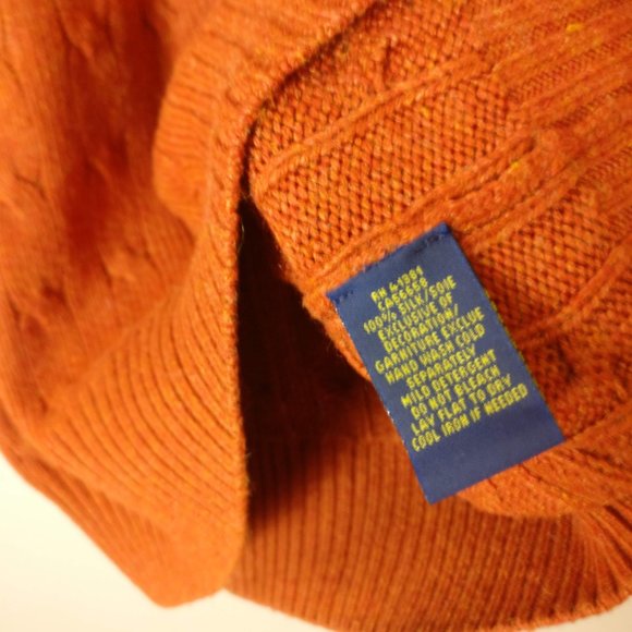Potter Clay Brown Polo RL Pure Silk Fisherman Cable Crew Knit Logo Sweater Large - Picture 6 of 8